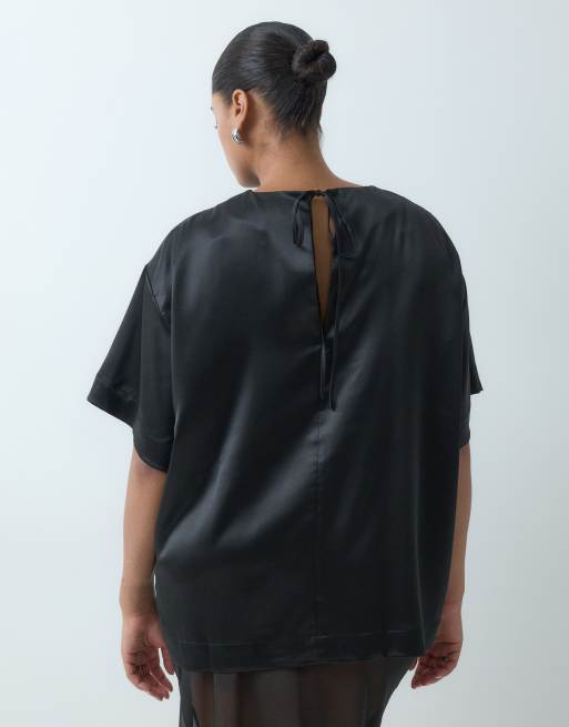 ASOS DESIGN Curve satin short sleeve top in black, 5 of 5