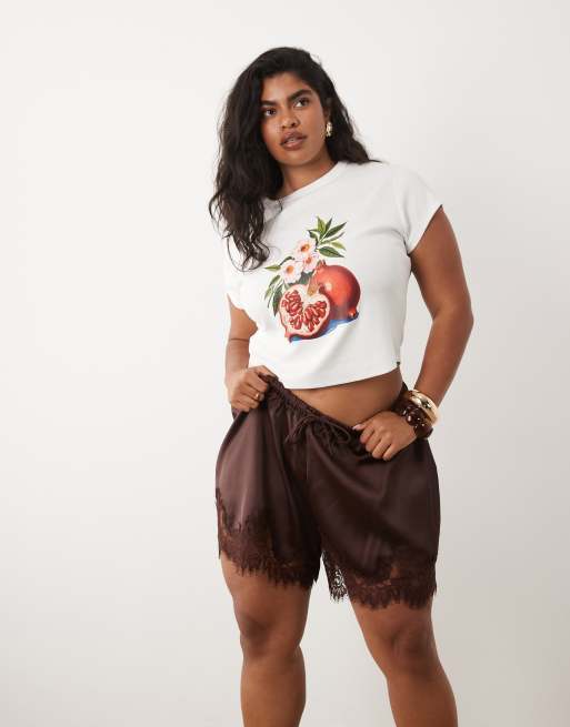 ASOS DESIGN Curve – Satin-Shorts in Braun mit Spitzenborte und Kordelzugbund, 2 von 5