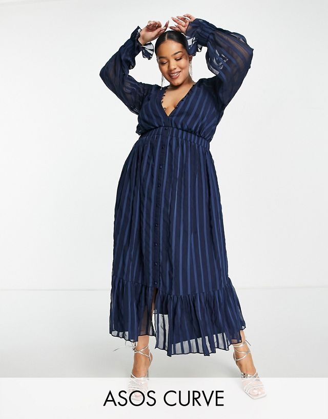 ASOS DESIGN Curve satin stripe midi dress with blouson sleeve and button detail in navy