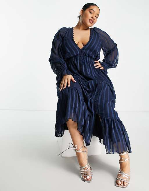 ASOS DESIGN Curve satin stripe midi dress with blouson sleeve and button detail navy | ASOS