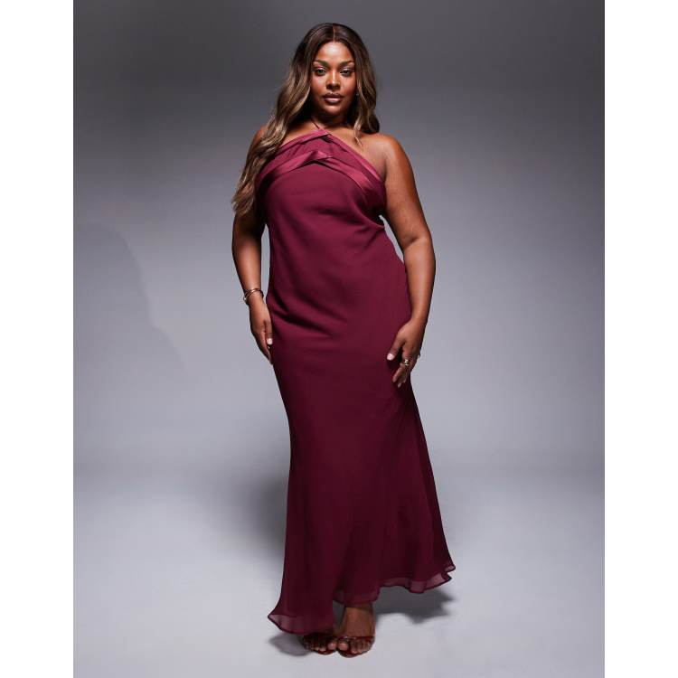 ASOS DESIGN Curve satin tape halter maxi dress in burgundy | ASOS