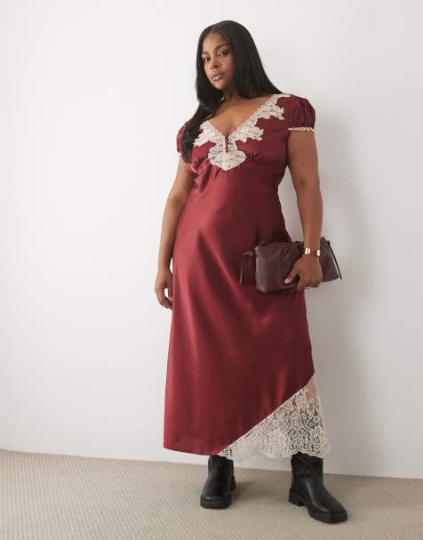 ASOS DESIGN Curve satin tea maxi dress with contrast lace in burgundy - view 1
