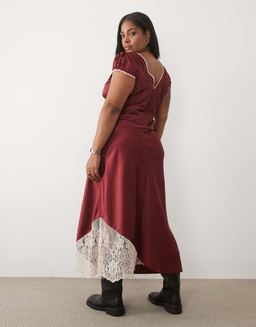 ASOS DESIGN Curve satin tea maxi dress with contrast lace in burgundy, 3 of 4