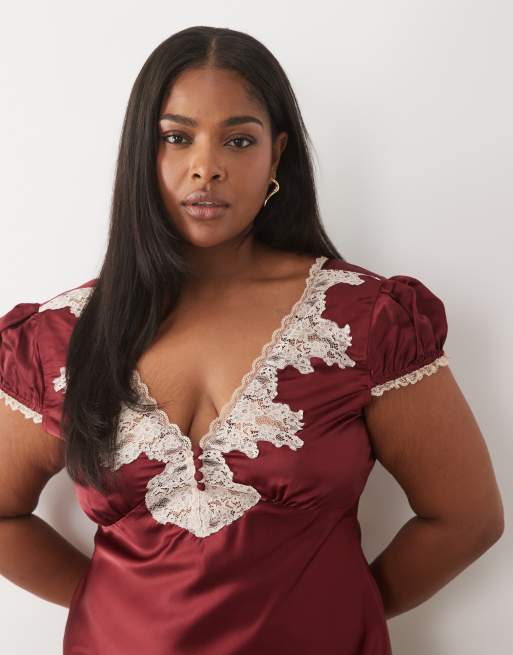 ASOS DESIGN Curve satin tea maxi dress with contrast lace in burgundy, 4 of 4