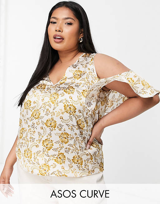 ASOS DESIGN Curve satin top with cold shoulders in paisley