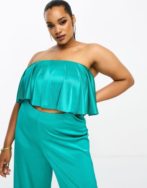 ASOS DESIGN Curve satin twill floaty bandeau top in teal - part of a set - view 1