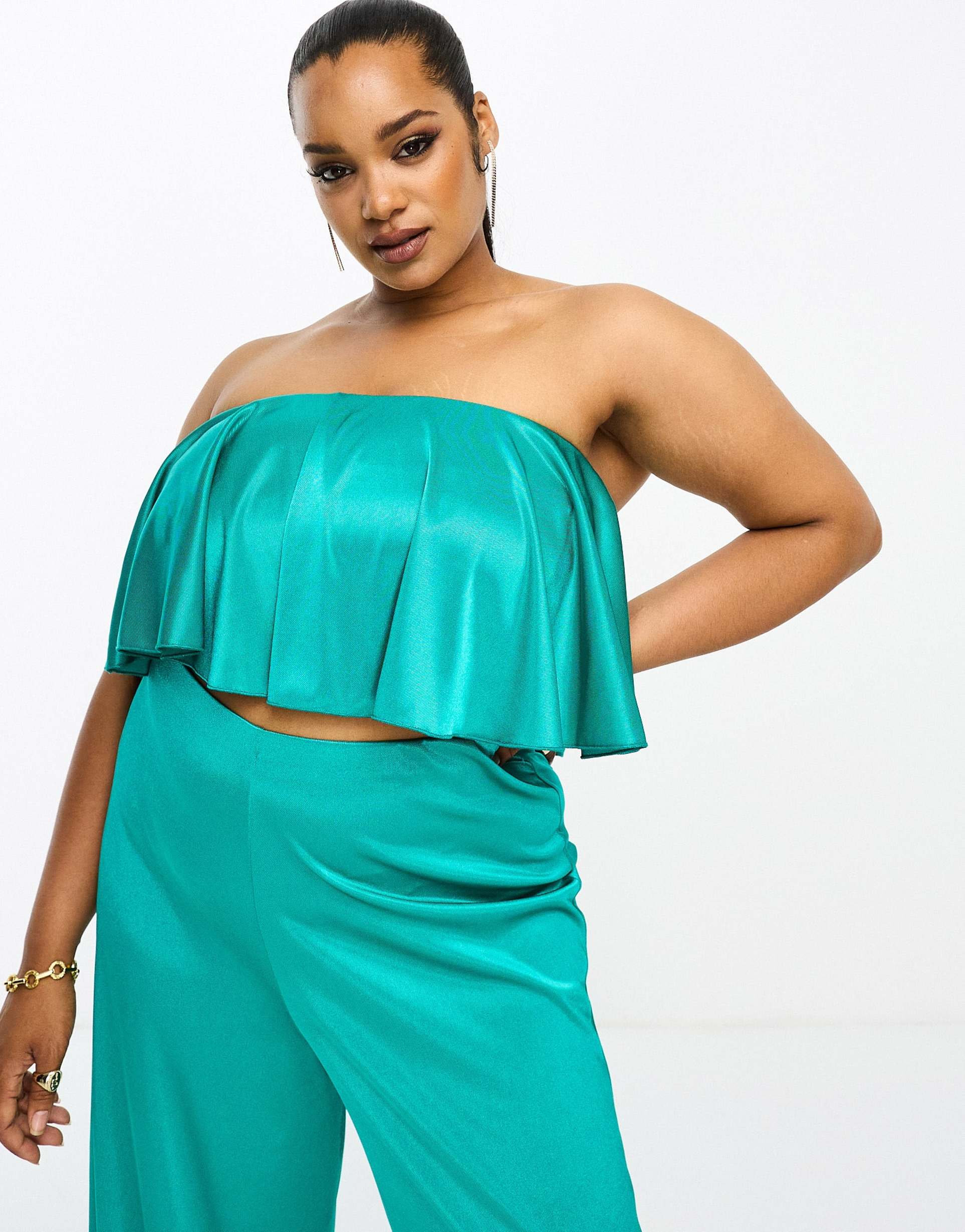 asos design curve satin twill floaty bandeau top in teal - part of a set