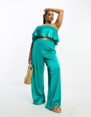 ASOS DESIGN Curve satin twill floaty wide leg pants in teal - part of a set-Blue