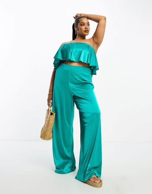 ASOS DESIGN Curve satin twill floaty wide leg pants in teal - part of a set 