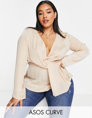 ASOS DESIGN Curve satin twist front blouse with flared sleeve in ...