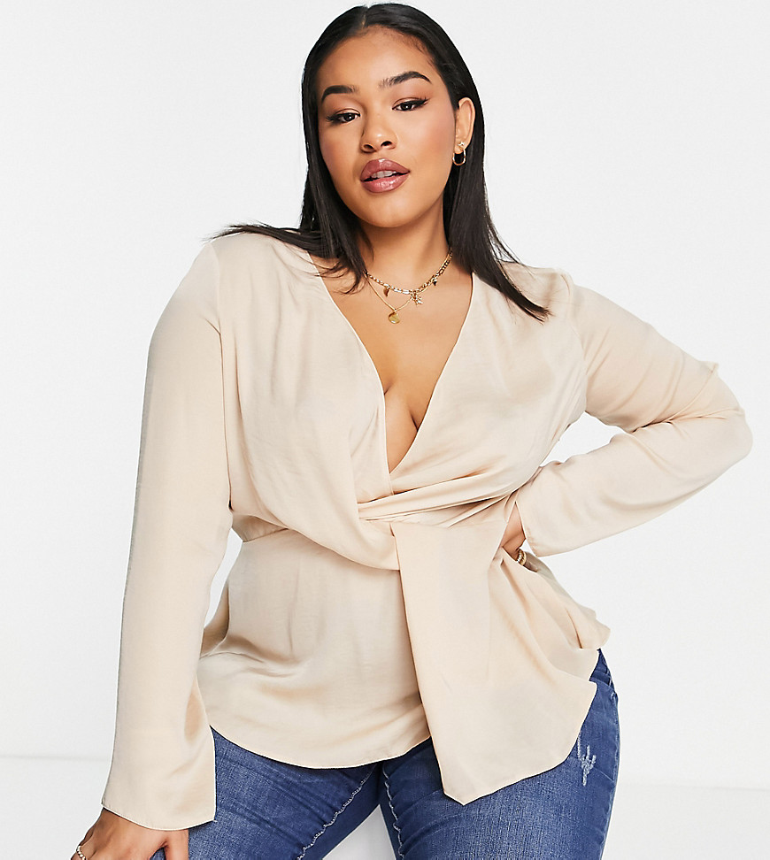 ASOS DESIGN Curve satin twist front blouse with flared sleeve in champagne-White