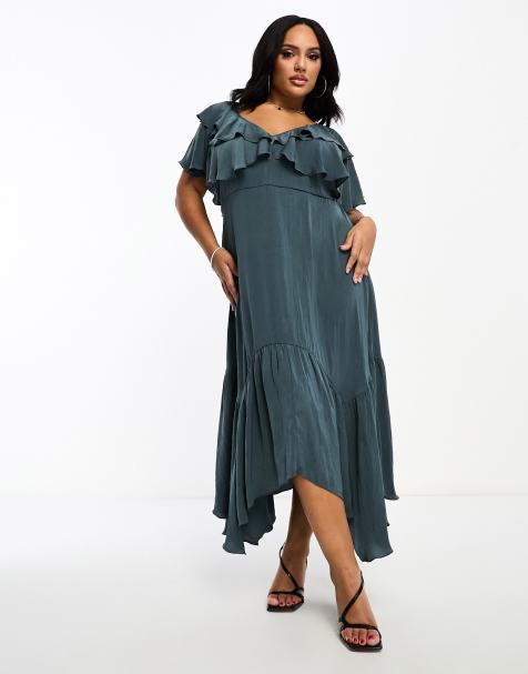 Plus Size Floral Print Ruffle Pleated Midi Dress in Blue