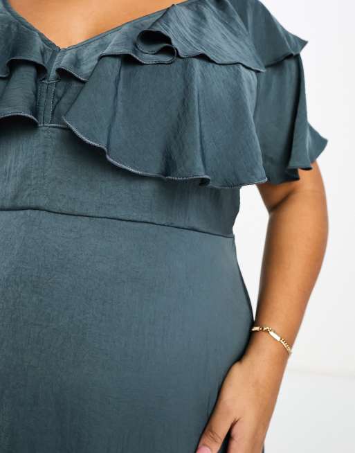 ASOS DESIGN Curve satin v front v back ruffle midi dress in washed satin in  blue | ASOS