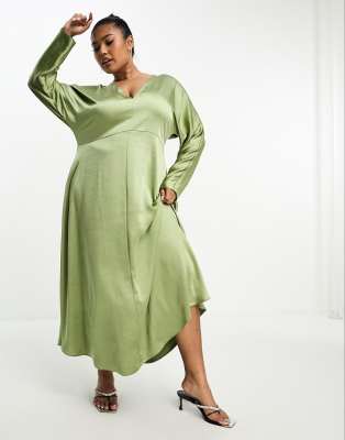 Asos Design Curve Satin V Neck Long Sleeve Midi Dress In Khaki-Green