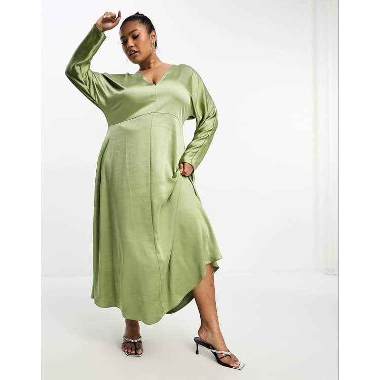 ASOS DESIGN Curve satin v neck long sleeve midi dress in khaki