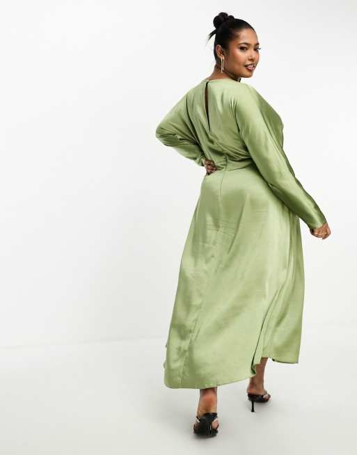 ASOS DESIGN Curve satin v neck long sleeve midi dress in khaki