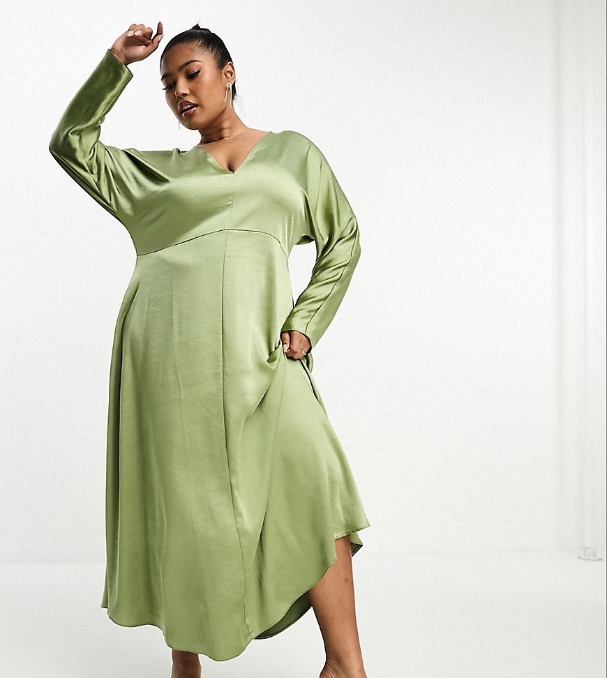 Asos Curve Asos Design Curve Satin V Neck Long Sleeve Midi Dress In Sage-green