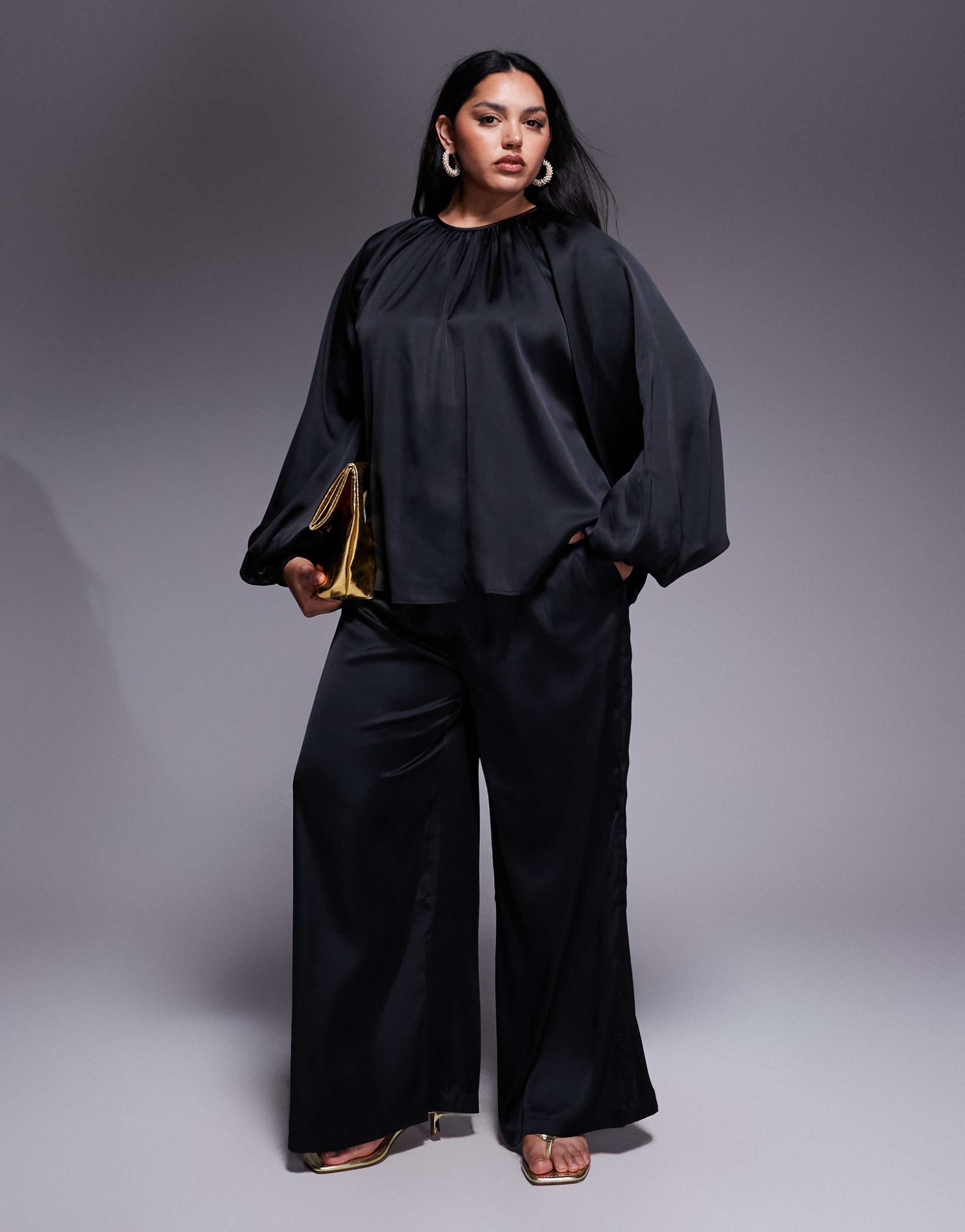 asos design curve satin wide leg pants in black - part of a set