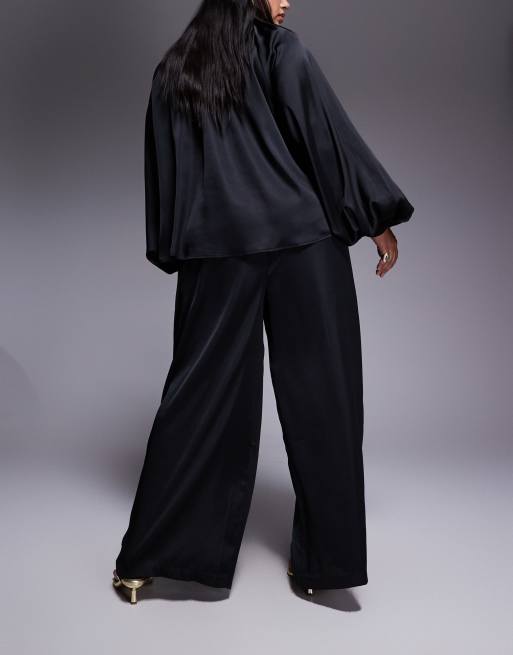 ASOS DESIGN Curve satin wide leg pants in black - part of a set, 4 of 5