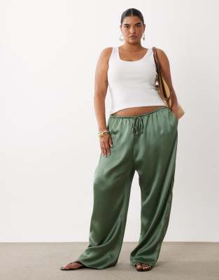 Asos Curve Asos Design Curve Satin Wide Leg Pull On Pants In Green