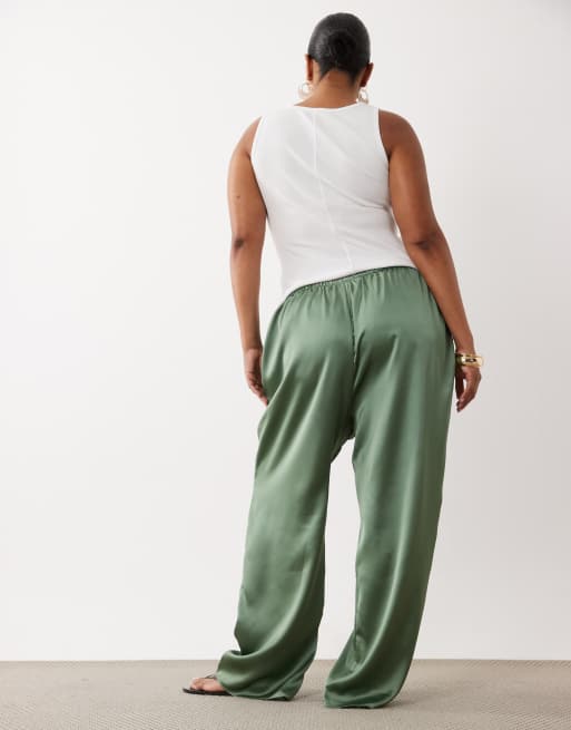 ASOS DESIGN Curve satin wide leg pull on pants in khaki, 5 of 5