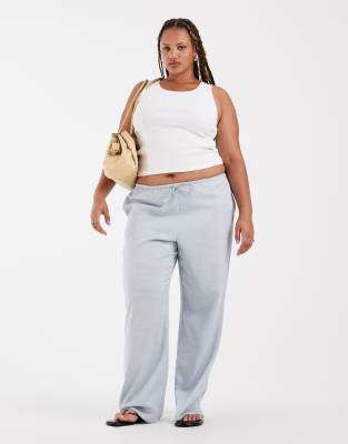 Asos Curve Asos Design Curve Satin Wide Leg Pull-on Pants In-blue