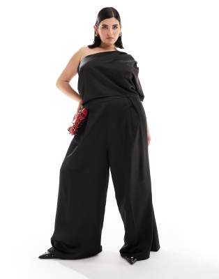 ASOS Curve ASOS DESIGN Curve satin wide leg trouser co-ord in black