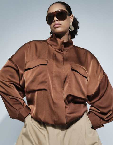 ASOS DESIGN Curve satin windbreaker in chocolate - view 1