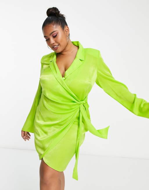 ASOS DESIGN Curve satin wrap blazer mini dress in lime