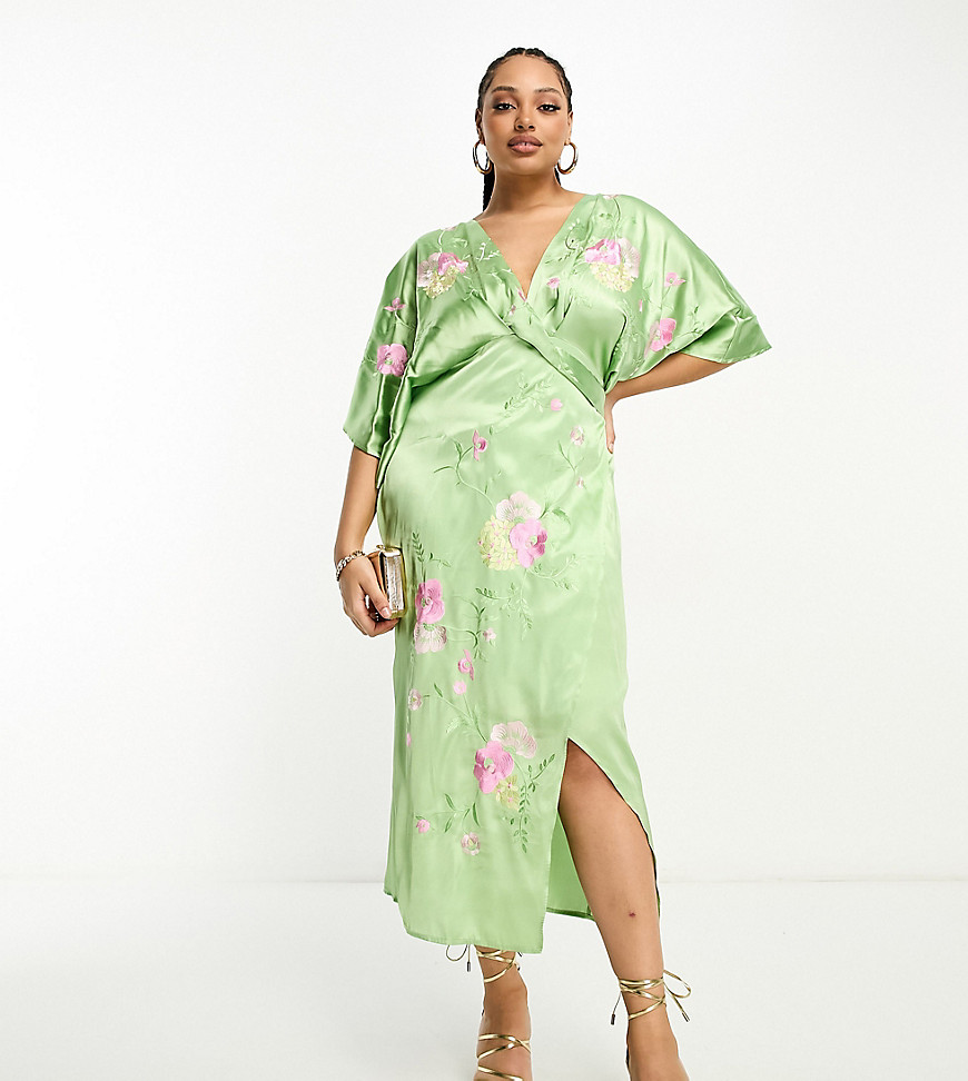 ASOS DESIGN Curve satin wrap front kimono sleeve embroidered midi dress in green