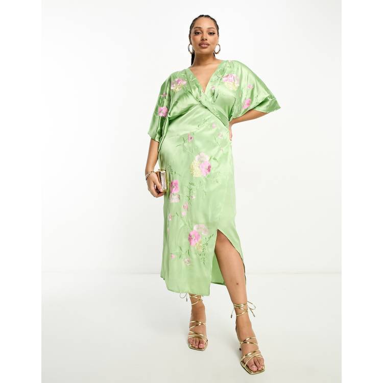 ASOS DESIGN Curve satin wrap front kimono sleeve embroidered midi dress in  green | ASOS