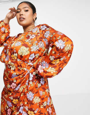 ASOS DESIGN Curve satin wrap maxi dress in 70s floral print | ASOS