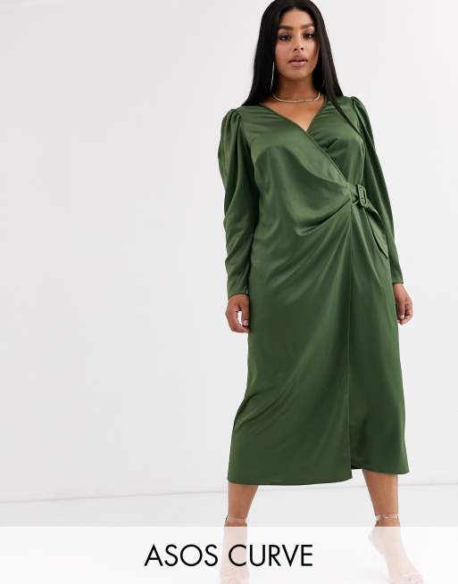 ASOS DESIGN Curve satin wrap maxi dress with buckle belt