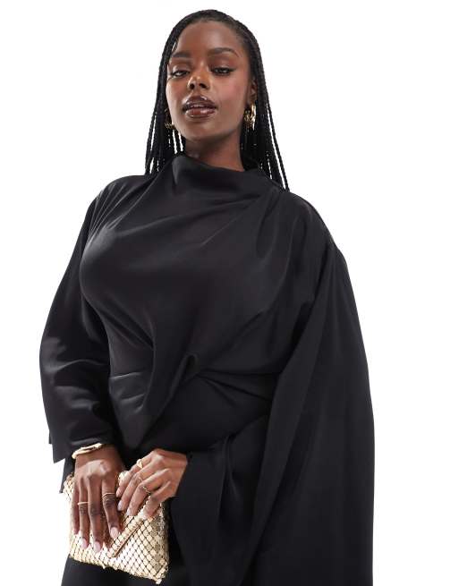 ASOS DESIGN Curve satin wrap maxi dress with drape bodice and kimono sleeve in black ASOS