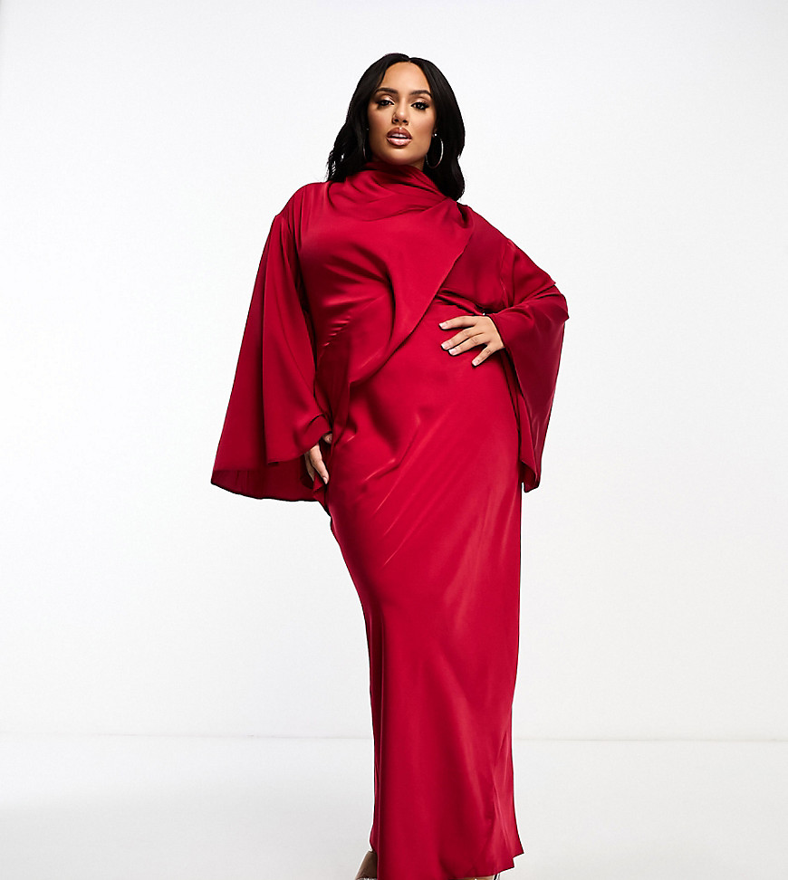 ASOS DESIGN Curve satin wrap maxi dress with drape bodice and kimono sleeve in deep red