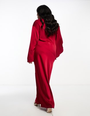 ASOS DESIGN Curve satin wrap maxi dress with drape bodice and kimono sleeve  in deep red | ASOS