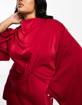 ASOS DESIGN Curve satin wrap maxi dress with drape bodice and kimono sleeve  in deep red | ASOS