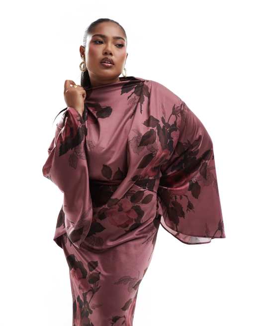 Asos design kimono midi dress in satin with asymmetric sleeve best sale