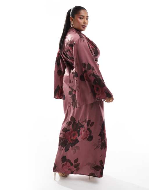 ASOS DESIGN Curve satin wrap maxi dress with drape bodice and kimono sleeve in pink floral