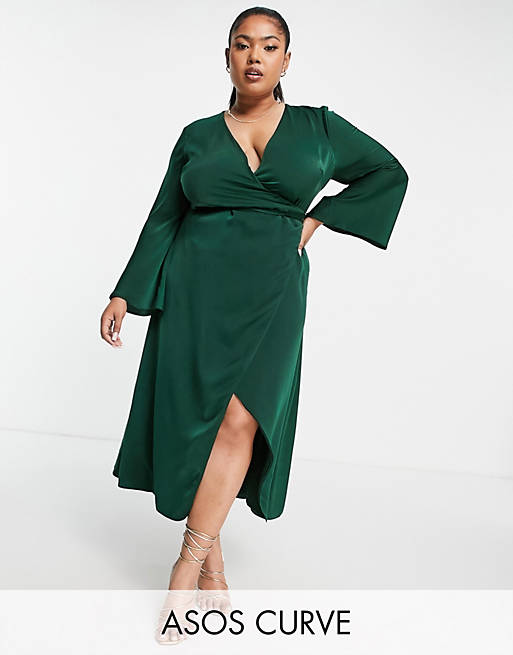 ASOS DESIGN Curve satin wrap midi dress with flared cuff and tie detail in forest green