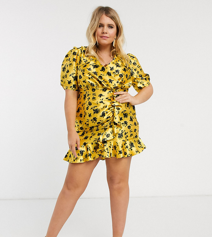 ASOS DESIGN Curve satin wrap mini tea dress with ruched skirt in ditsy floral print-Multi