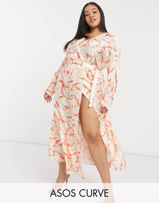 ASOS DESIGN Curve satin wrap tiered maxi dress in abstract print