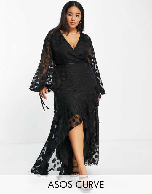 ASOS DESIGN Curve – Satynowa kopertowa sukienka żakardowa maxi w groszki z wiązaniem w talii