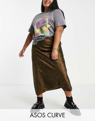 ASOS DESIGN Curve – Satynowa spódnica ze skosu ze wzorem w panterkę