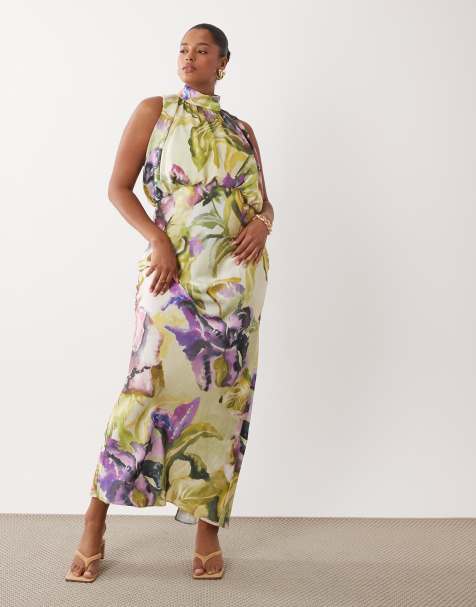 ASOS DESIGN Curve – Satynowa sukienka maxi z luźną górą i dekoltem typu halter w malarski kwiatowy wzór - view 1