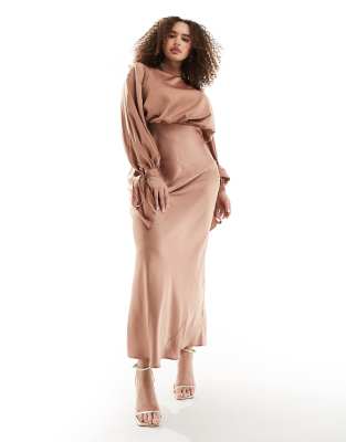 ASOS DESIGN Curve – Satynowa sukienka maxi z zabudowanym dekoltem i balonowymi rękawami w kolorze mocha