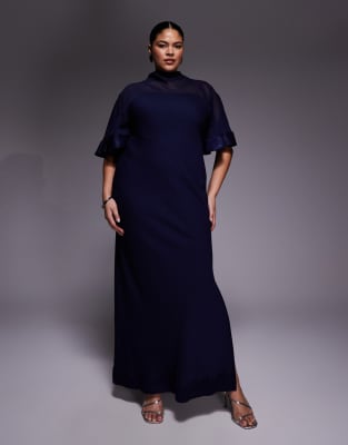 ASOS DESIGN Curve - Säulenkleid aus Chiffon und Satin in Marineblau mit halblangen, weiten Ärmeln und Kontrastdesign