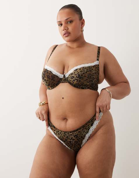 ASOS DESIGN Curve - Savannah - Brazilian slip van mesh met luipaardprint en crèmekleurige kanten rand - view 1