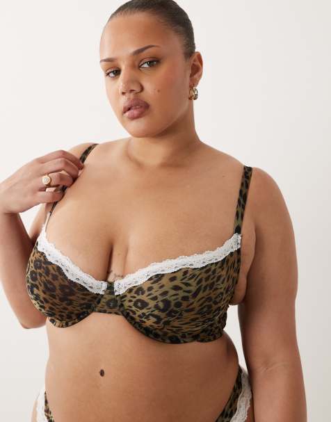 ASOS DESIGN Curve Savannah sheer mesh leopard print underwire bra with cream lace trim - view 1