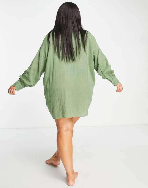 ASOS DESIGN Curve scallop edge beach shirt dress in khaki , 2 of 4